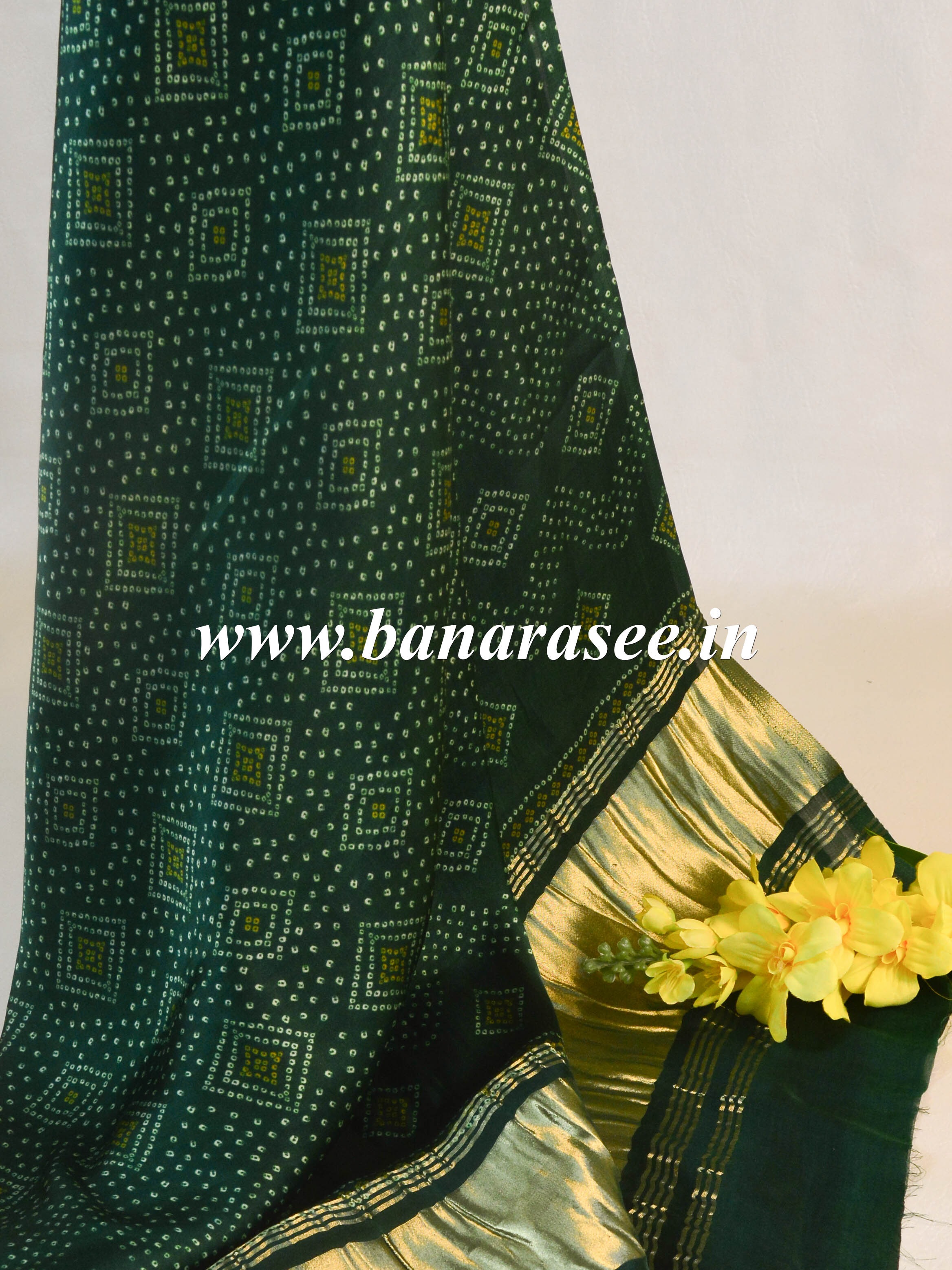 Banarasee Pure Gajji Silk Bandhej Design Dupatta-Green