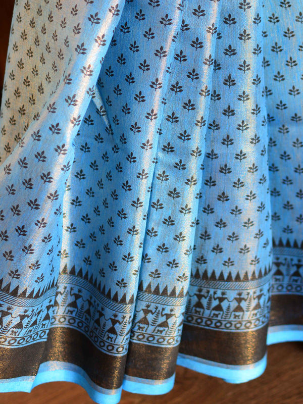 Banarasee Handloom Pure Linen By Tissue Metallic Shine Saree-Blue