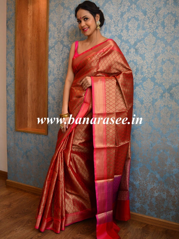 Banarasee Handwoven Semi Silk Saree With Zari Jaal Design-Red