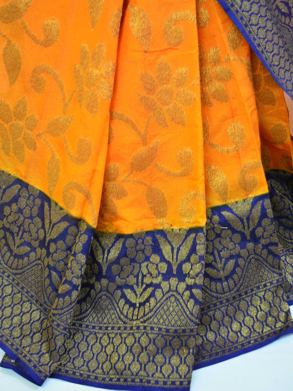 Banarasee Handwoven Semi Silk Saree With Blue Contrast Border-Orange
