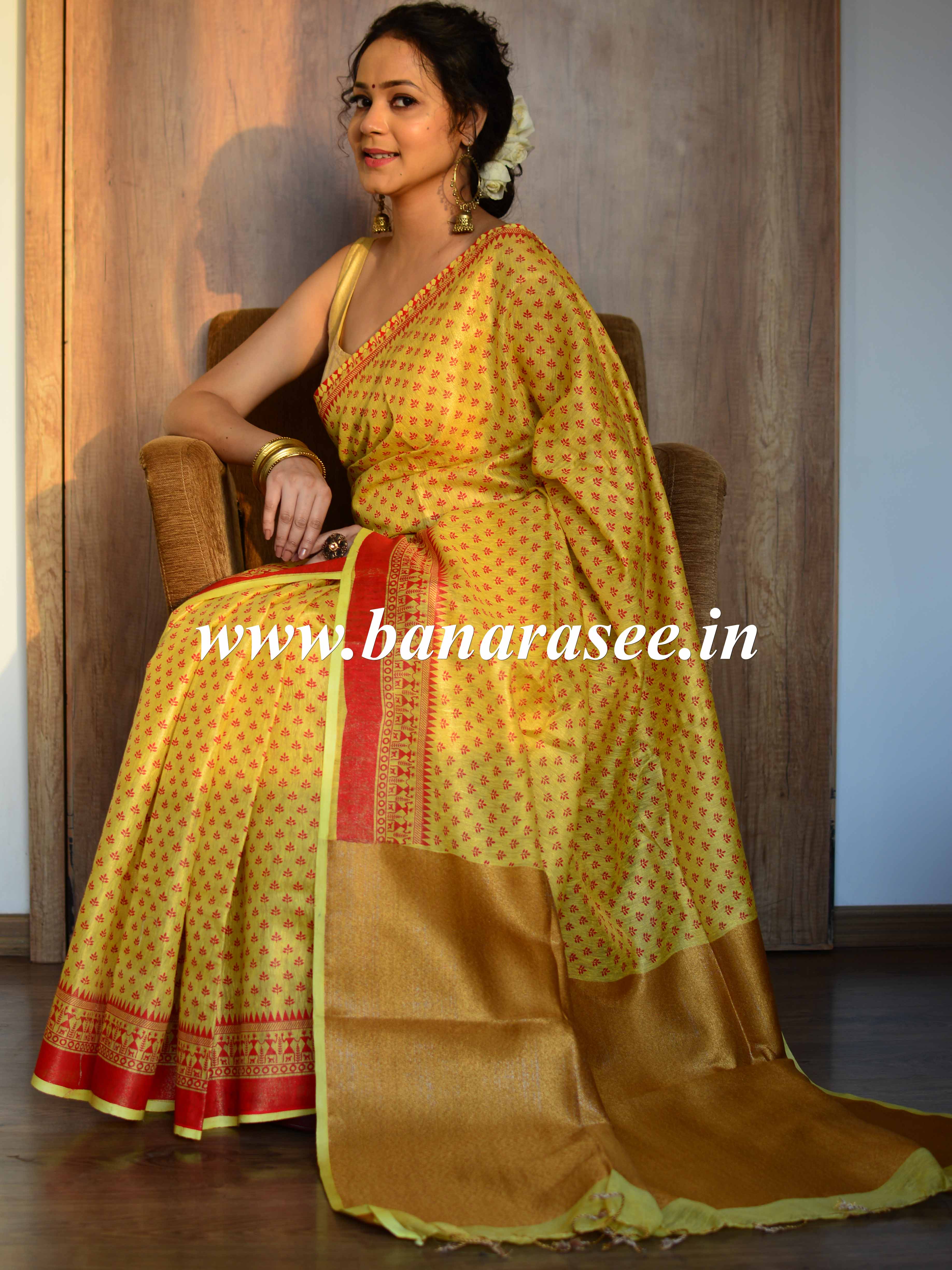 Banarasee Handloom Pure Linen By Tissue Metallic Shine Saree-Yellow