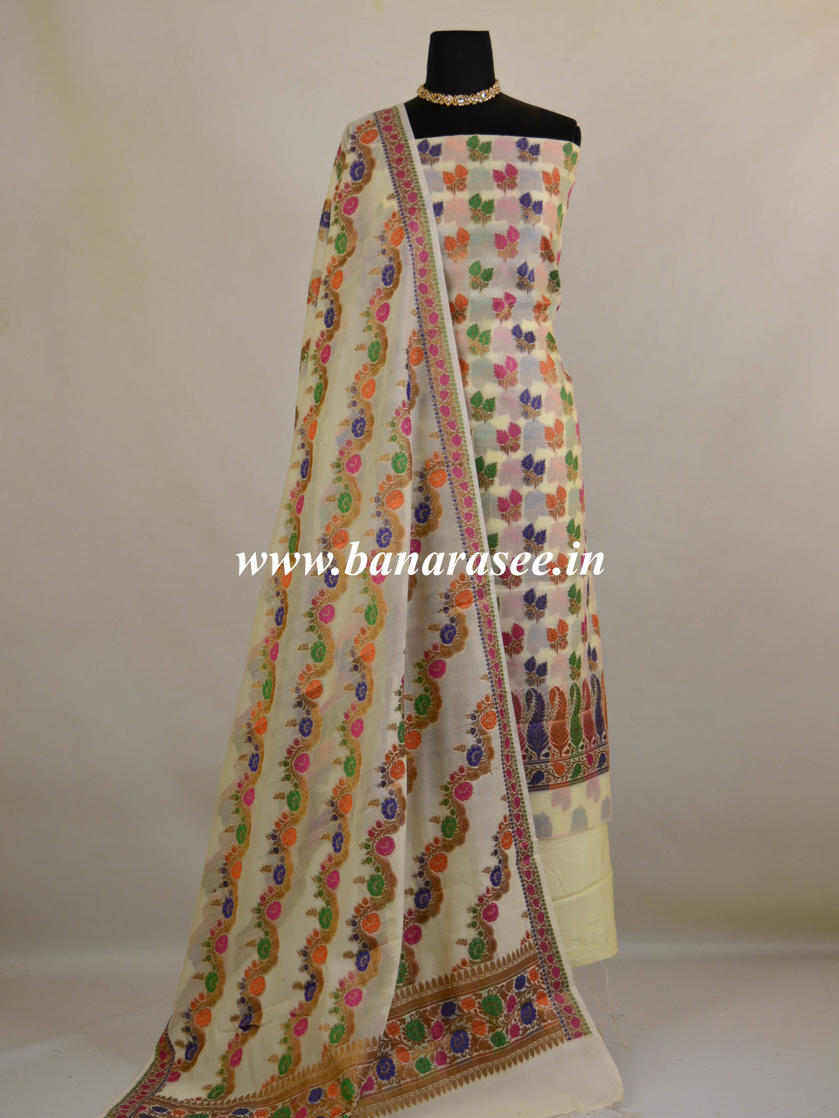 Banarasee Semi Silk Salwar Kameez Dupatta Set Meena & Zari Design-White