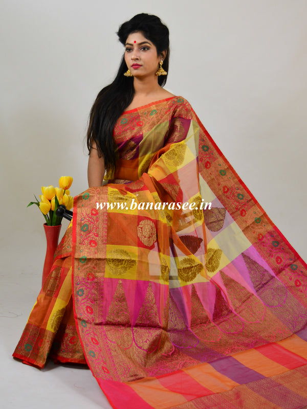 Banarasee Cotton Silk Mix Saree With Checks & Antique Gold Zari Work Border-Multicolor