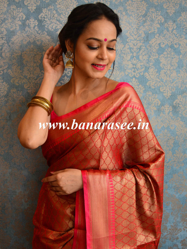 Banarasee Handwoven Semi Silk Saree With Zari Jaal Design-Red