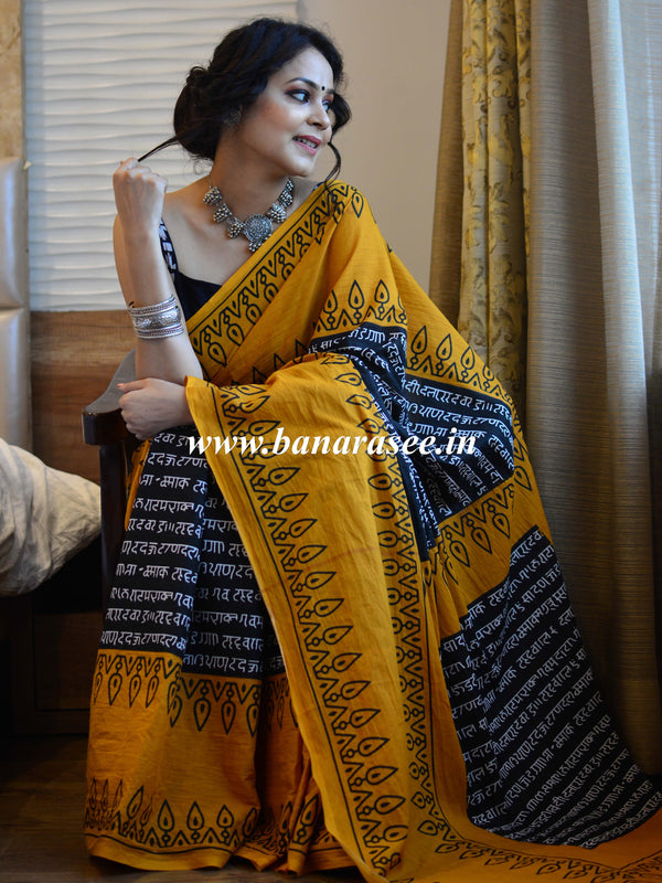 Handloom Mul Cotton Ajrakh Print Saree-Black & Yellow