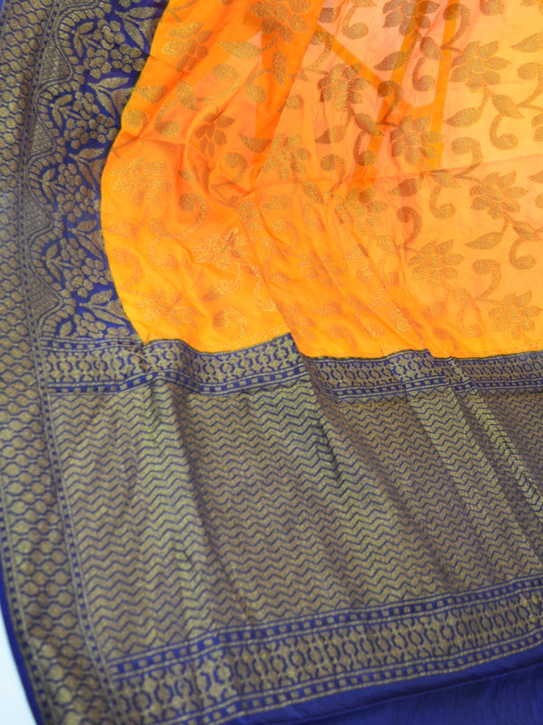 Banarasee Handwoven Semi Silk Saree With Blue Contrast Border-Orange