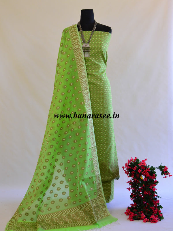 Banarasee Salwar Kameez Cotton Silk Resham Buti Woven Fabric-Green