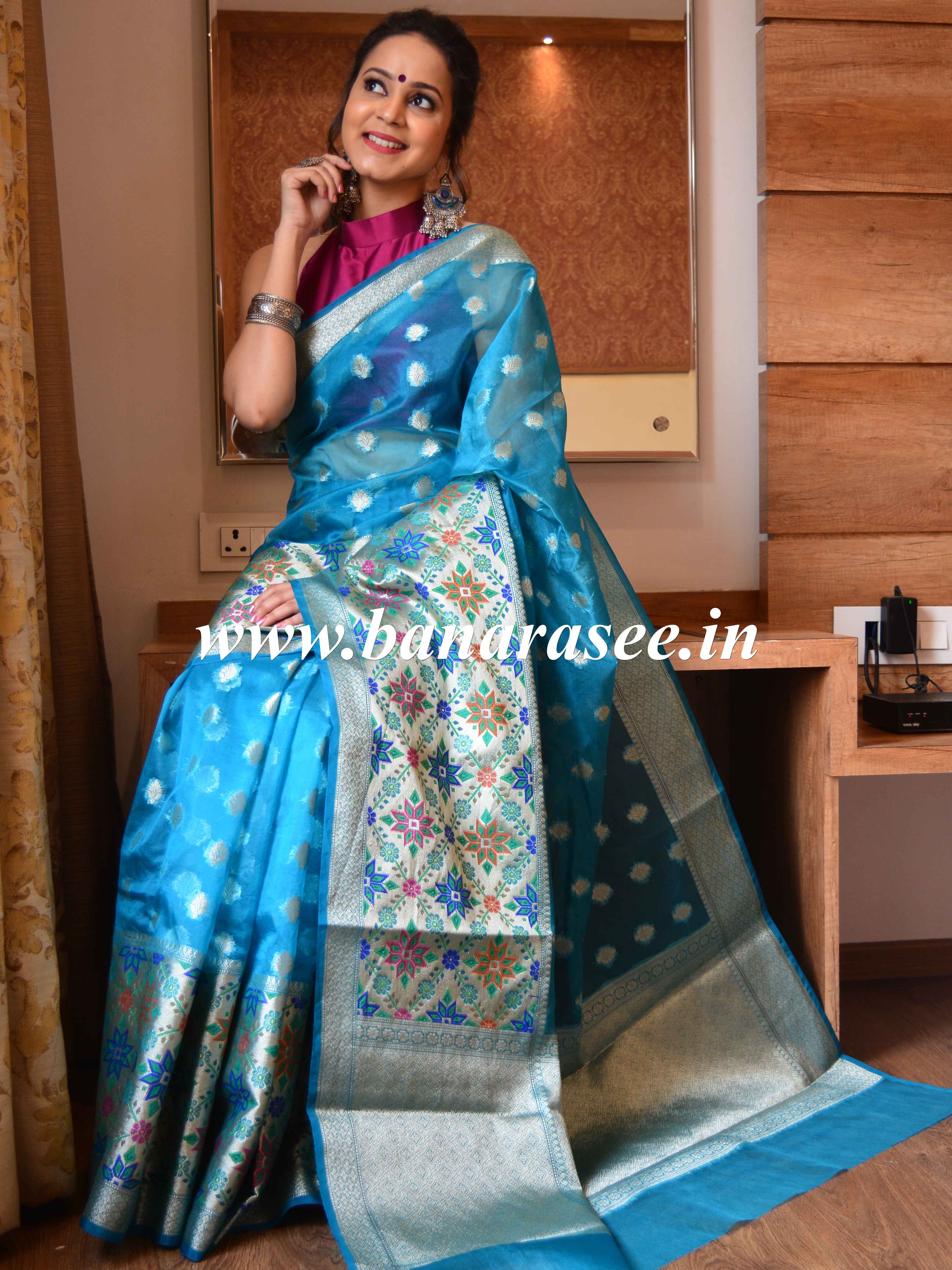 Banarasee Organza Mix Saree With Buti Design & Broad Meenakari Border-Blue