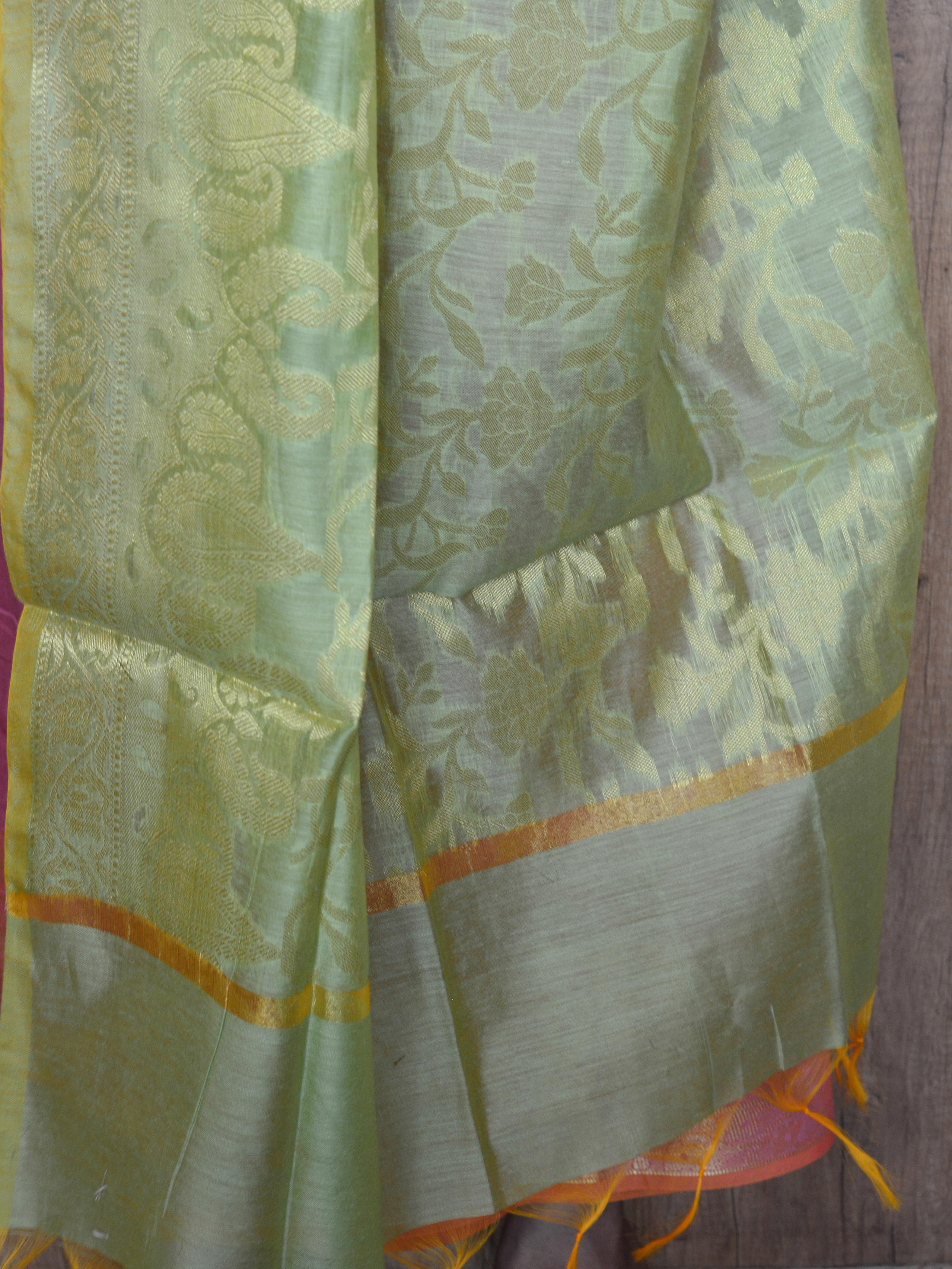 Banarasee Chanderi Cotton Salwar Kameez Buta Design Fabric With Contrast Dupatta-Pink & Green