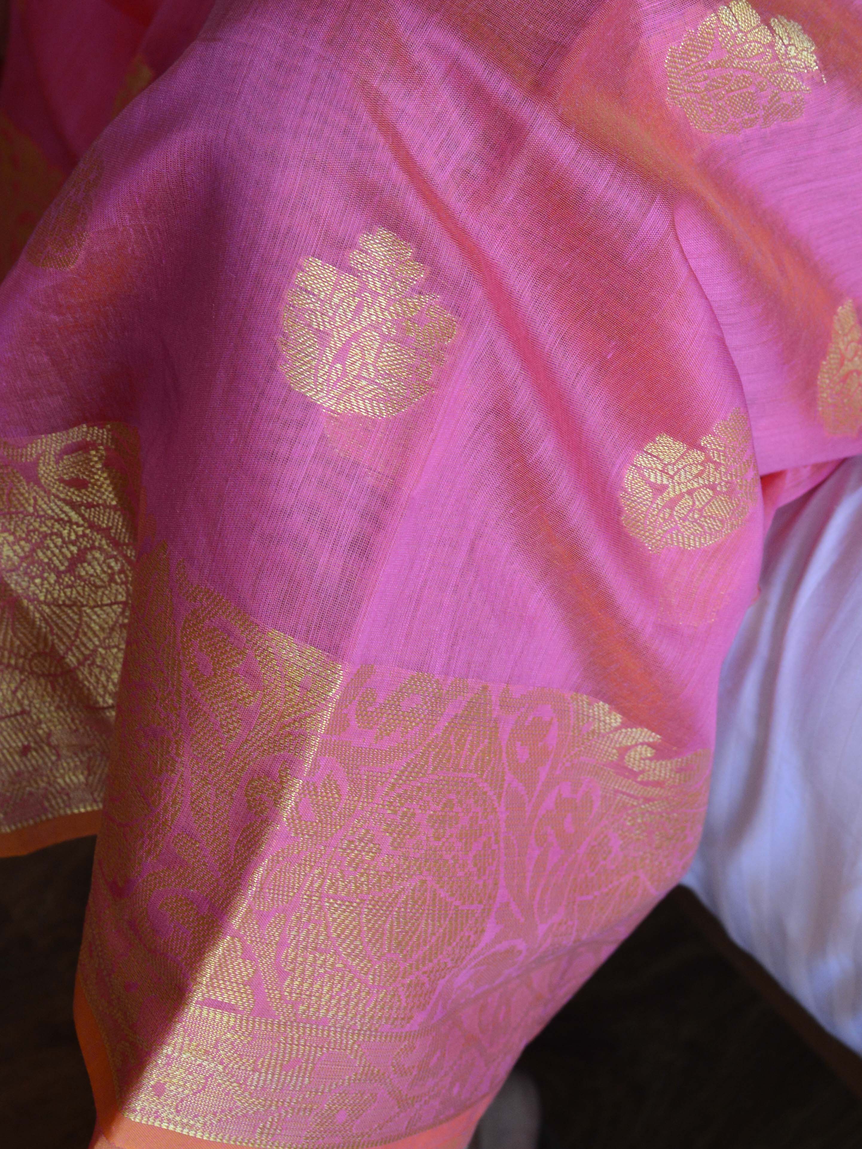 Banarasee Chanderi Cotton Salwar Kameez Buta Design Fabric With Contrast Dupatta-Pink & Green