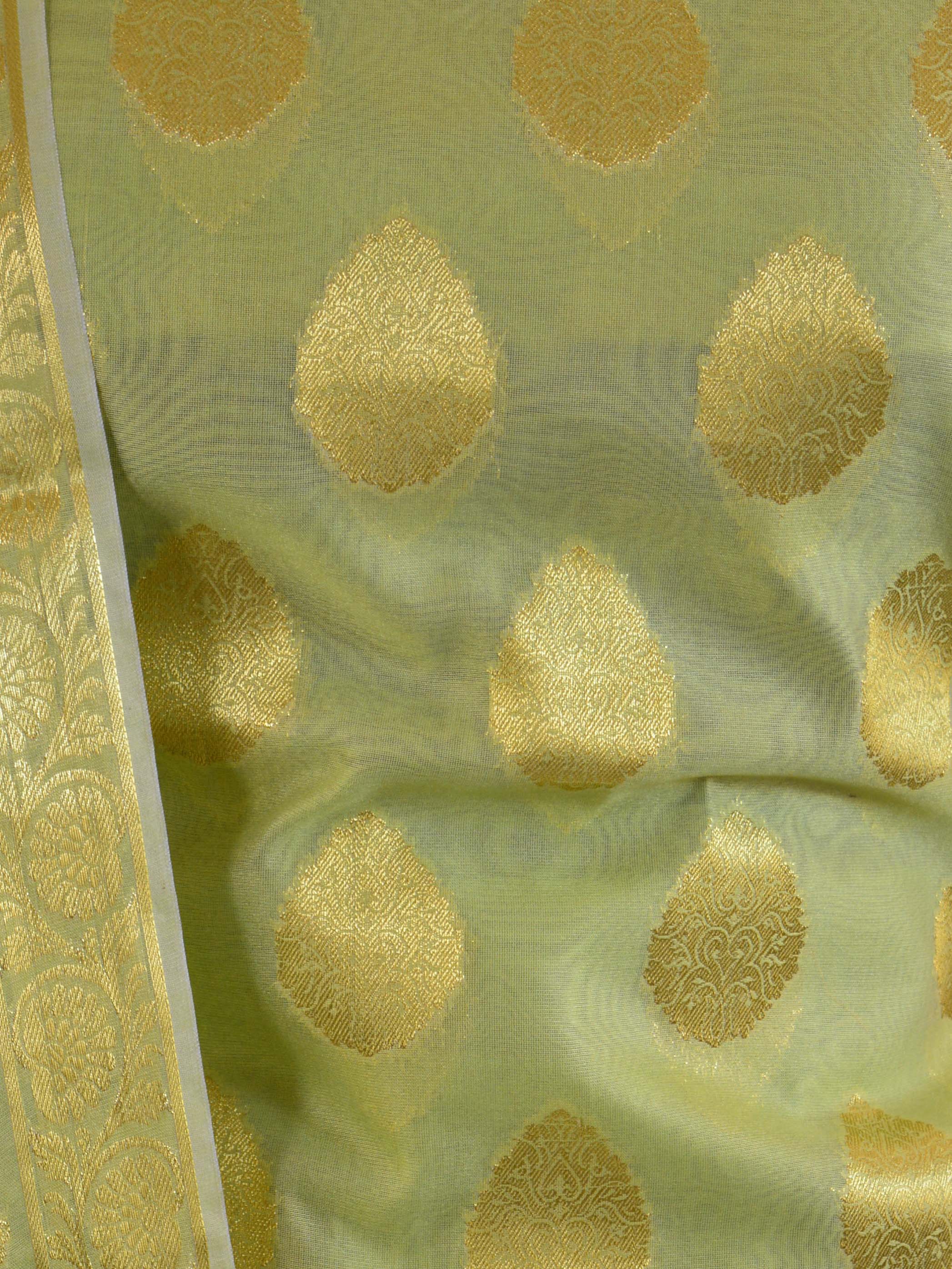 Banarasee Salwar Kameez Cotton Silk Gold Zari Buti Woven Fabric-Pastel Green