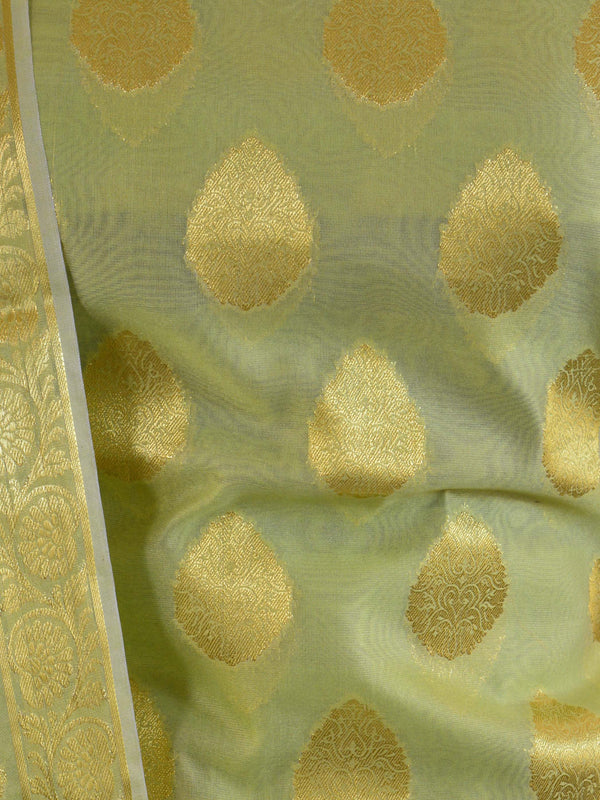 Banarasee Salwar Kameez Cotton Silk Gold Zari Buti Woven Fabric-Pastel Green