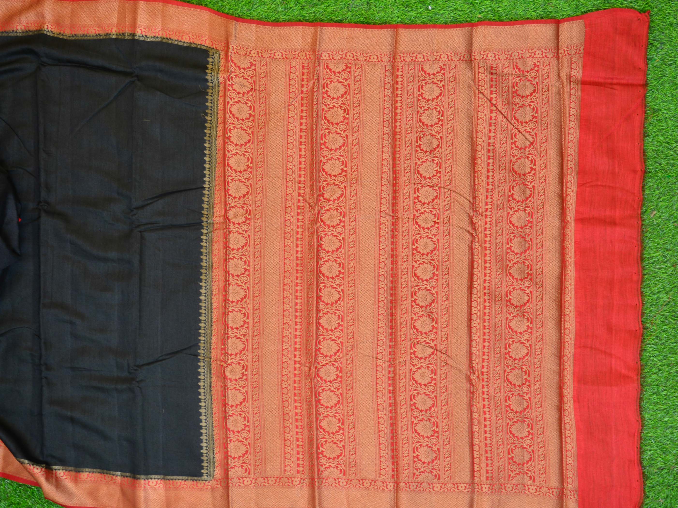 Banarasee Handwoven Pure Muga Silk Sari With Floral Border & Pallu-Black