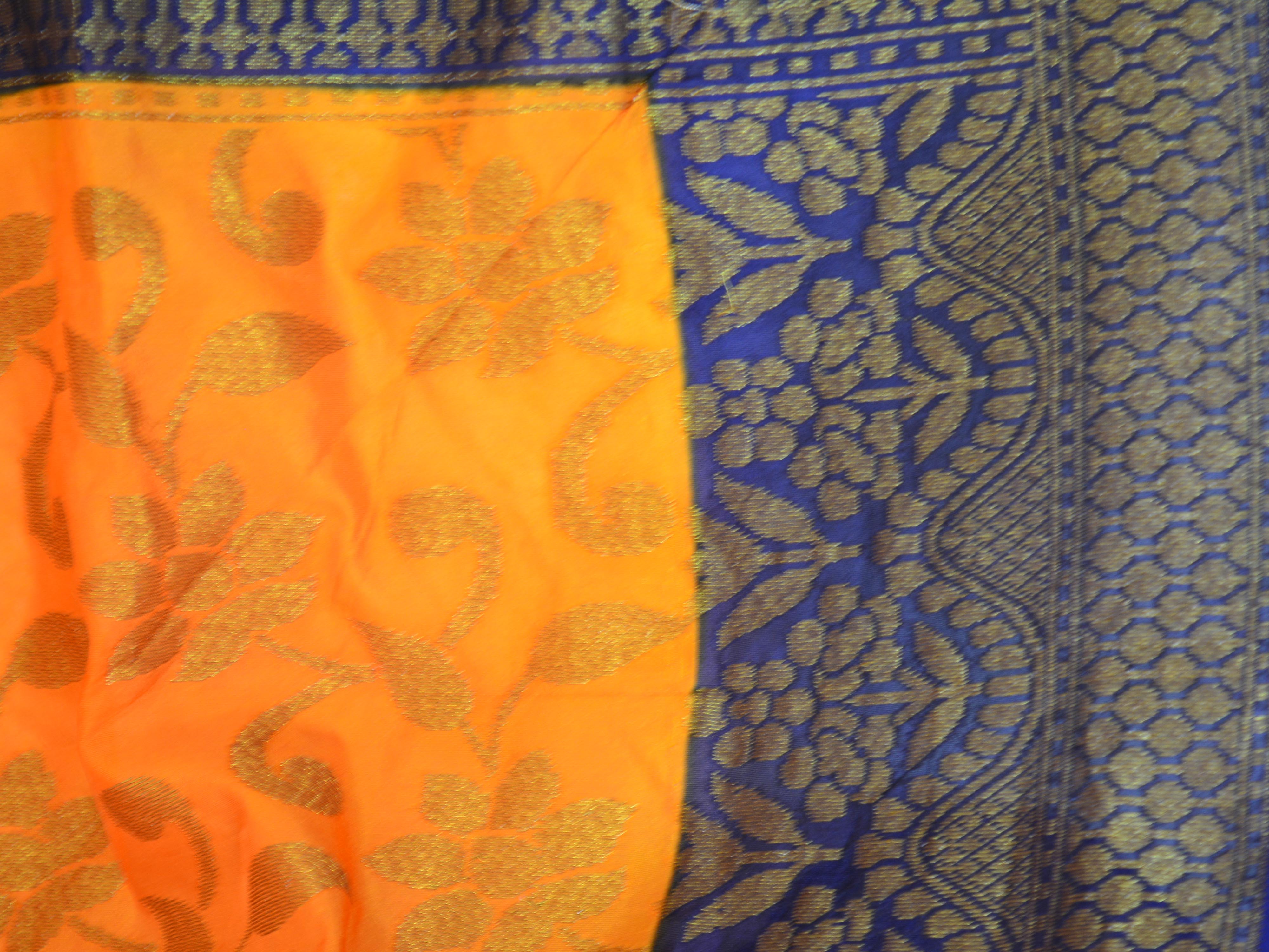 Banarasee Handwoven Semi Silk Saree With Blue Contrast Border-Orange