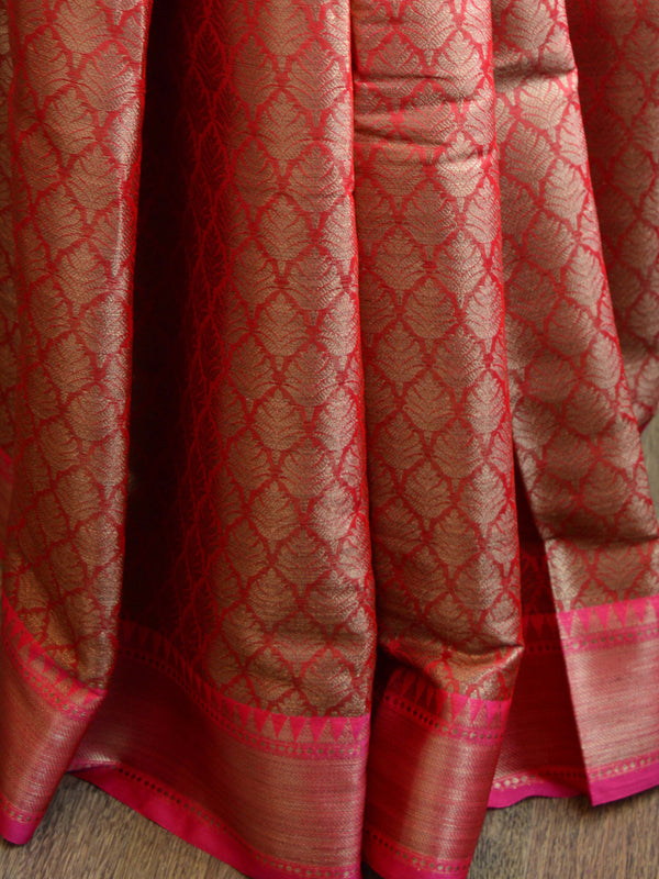 Banarasee Handwoven Semi Silk Saree With Zari Jaal Design-Red