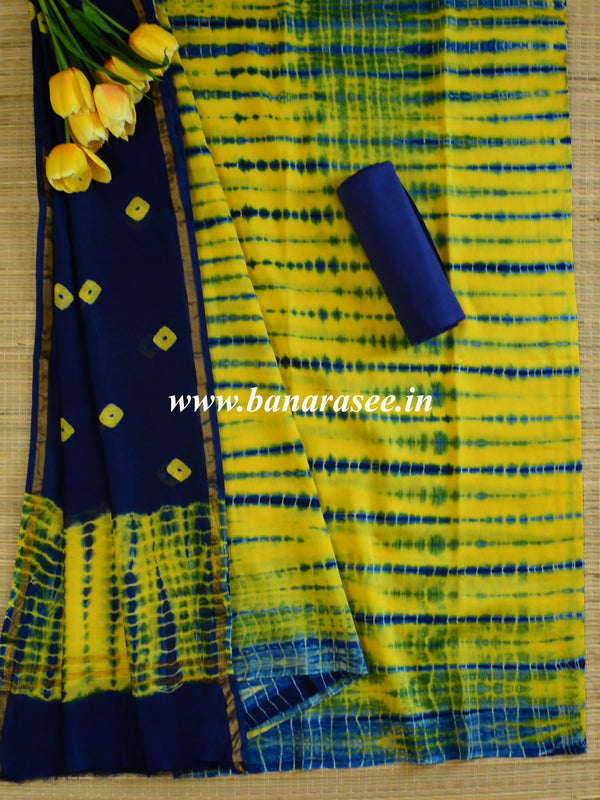 Banarasee Shibori Dyed Chanderi Salwar Kameez Fabric With Contrast Dupatta-Blue & Yellow