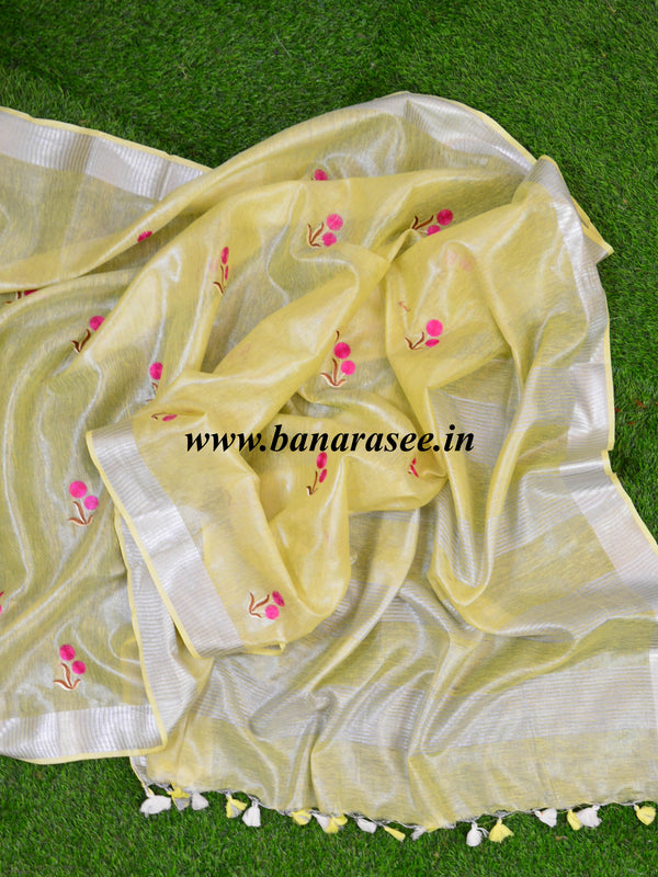Banarasee Handloom Pure Linen By Tissue Embroidered Saree-Yellow(Silver Tone)