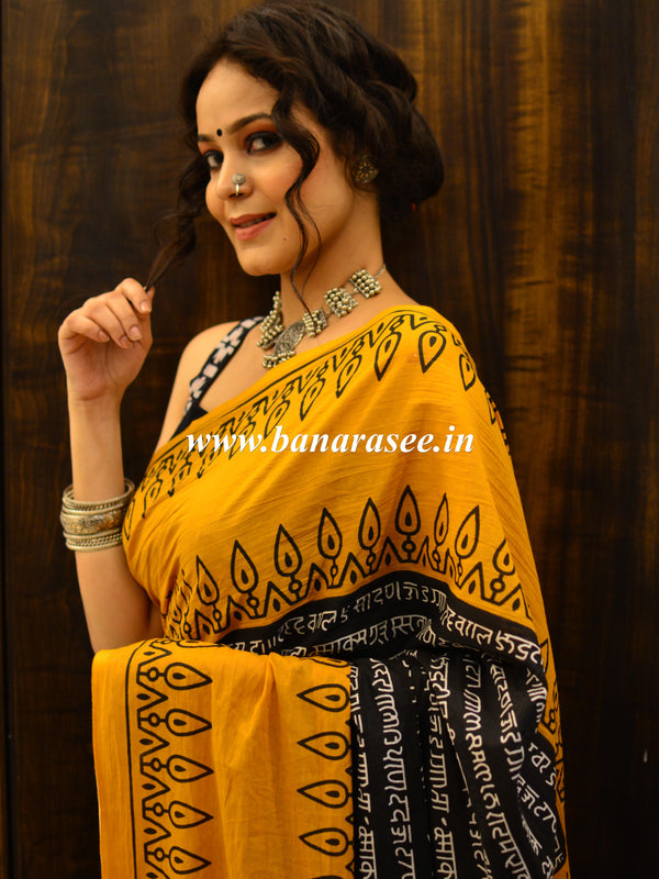 Handloom Mul Cotton Ajrakh Print Saree-Black & Yellow