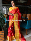 Banarasee Organza Mix Saree With Zari Jaal Design & Floral Border-Red & Yellow