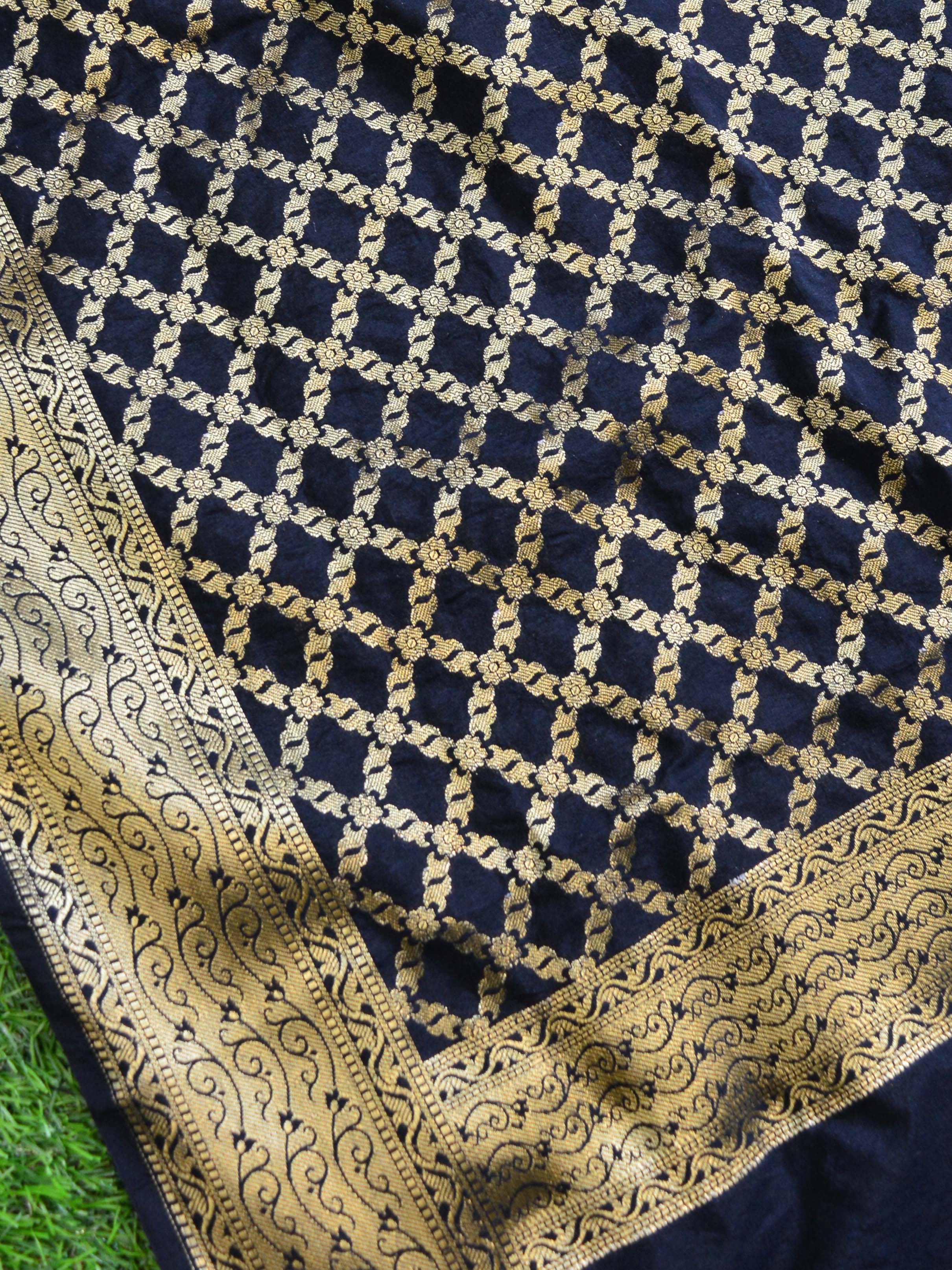 Banarasee Art Silk Salwar Kameez Fabric With Jaal Design Dupatta-Black