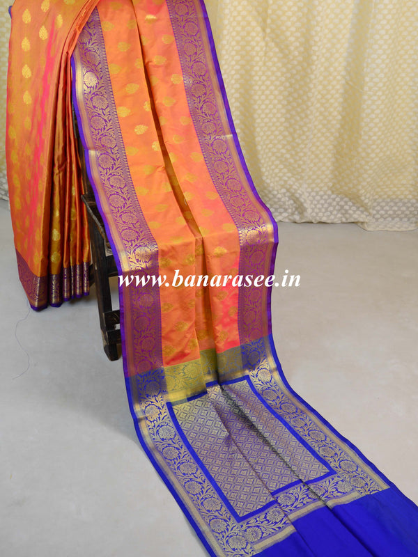 Banarasee Handwoven Semi Silk Saree With Zari Buta Design & Floral Border-Peach