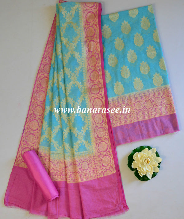 Banarasee Cotton Silk Zari Woven Salwar Kameez Dupatta Set-Sky Blue With Pink