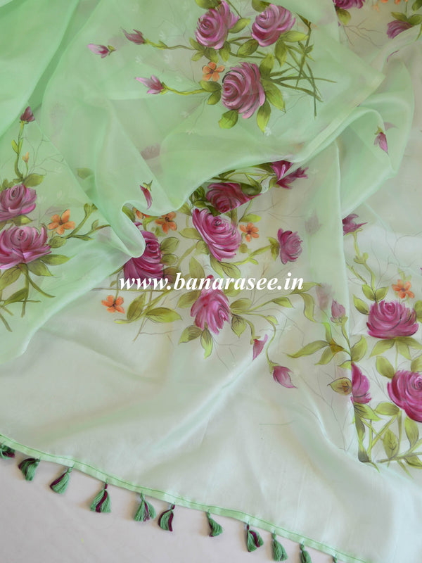 Banarasee Pure Organza Silk Saree With Hand-Paint Floral Design-Mint Green