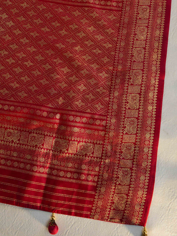 Banarasee Soft Silk Patola Saree With Foil Print Border-Gold & Red
