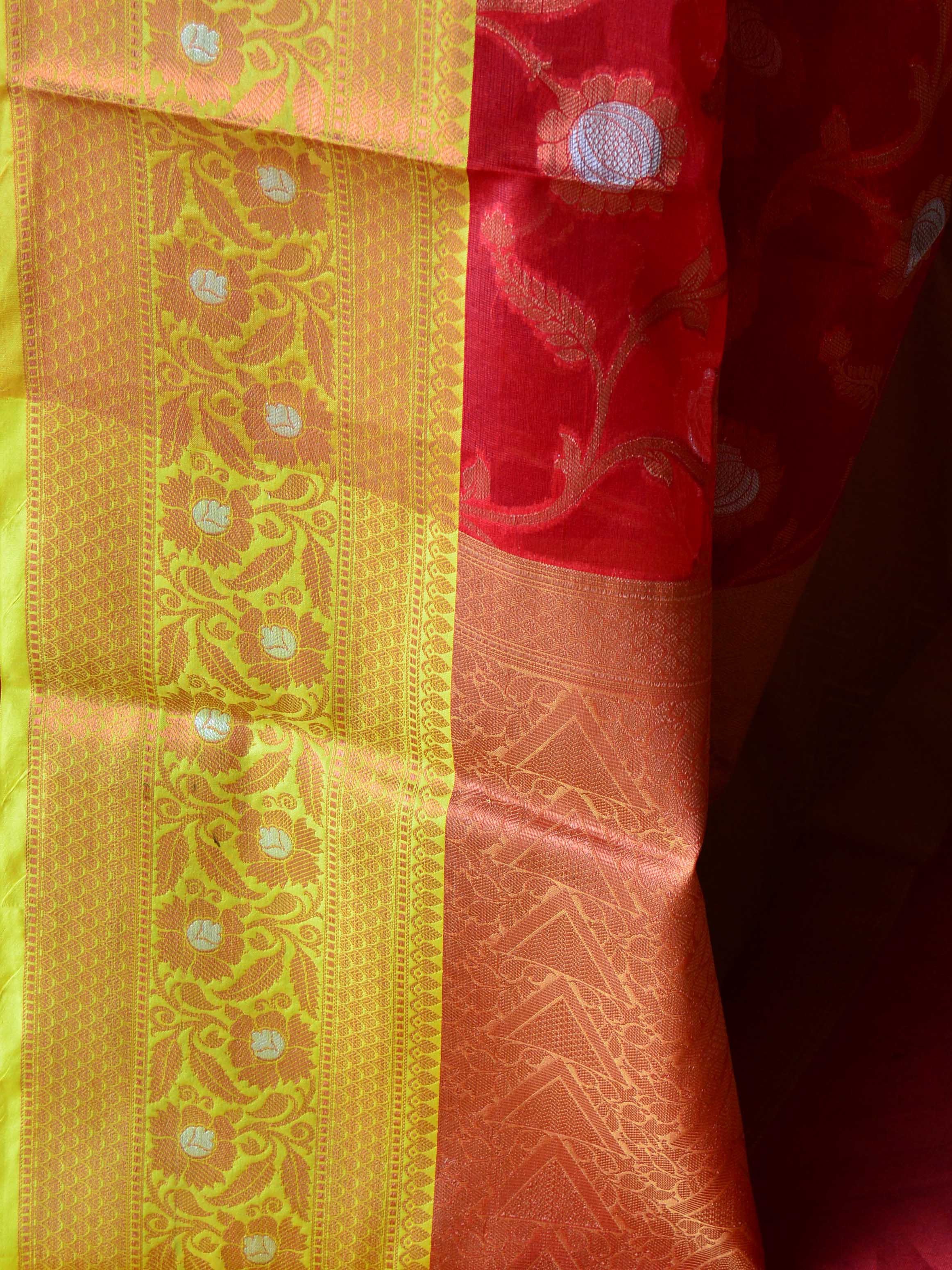 Banarasee Organza Mix Saree With Zari Jaal Design & Floral Border-Red & Yellow