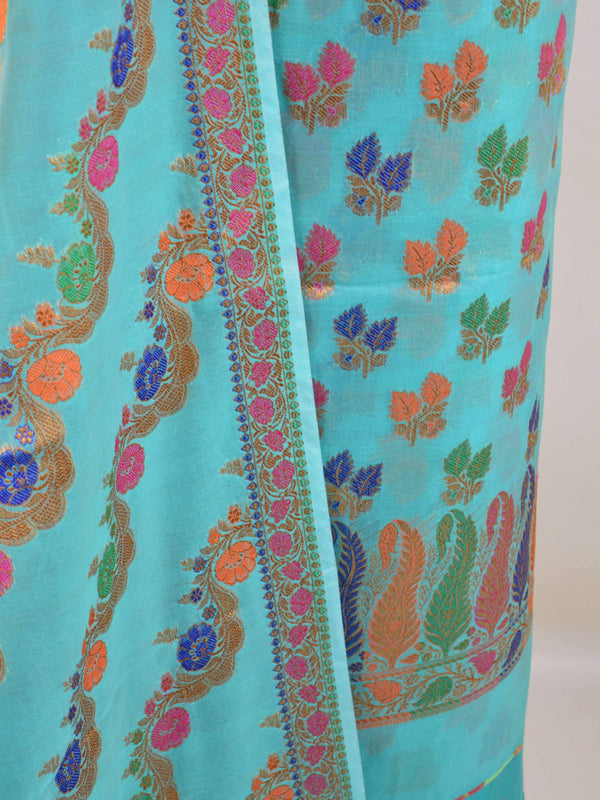 Banarasee Semi Silk Salwar Kameez Dupatta Set Meena & Zari Design-Blue