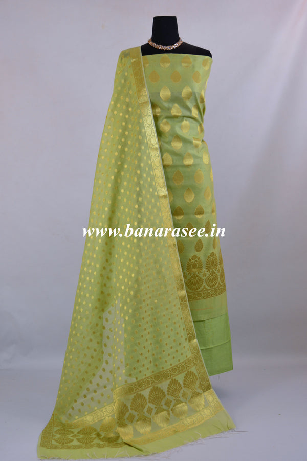 Banarasee Salwar Kameez Cotton Silk Gold Zari Buti Woven Fabric-Pastel Green