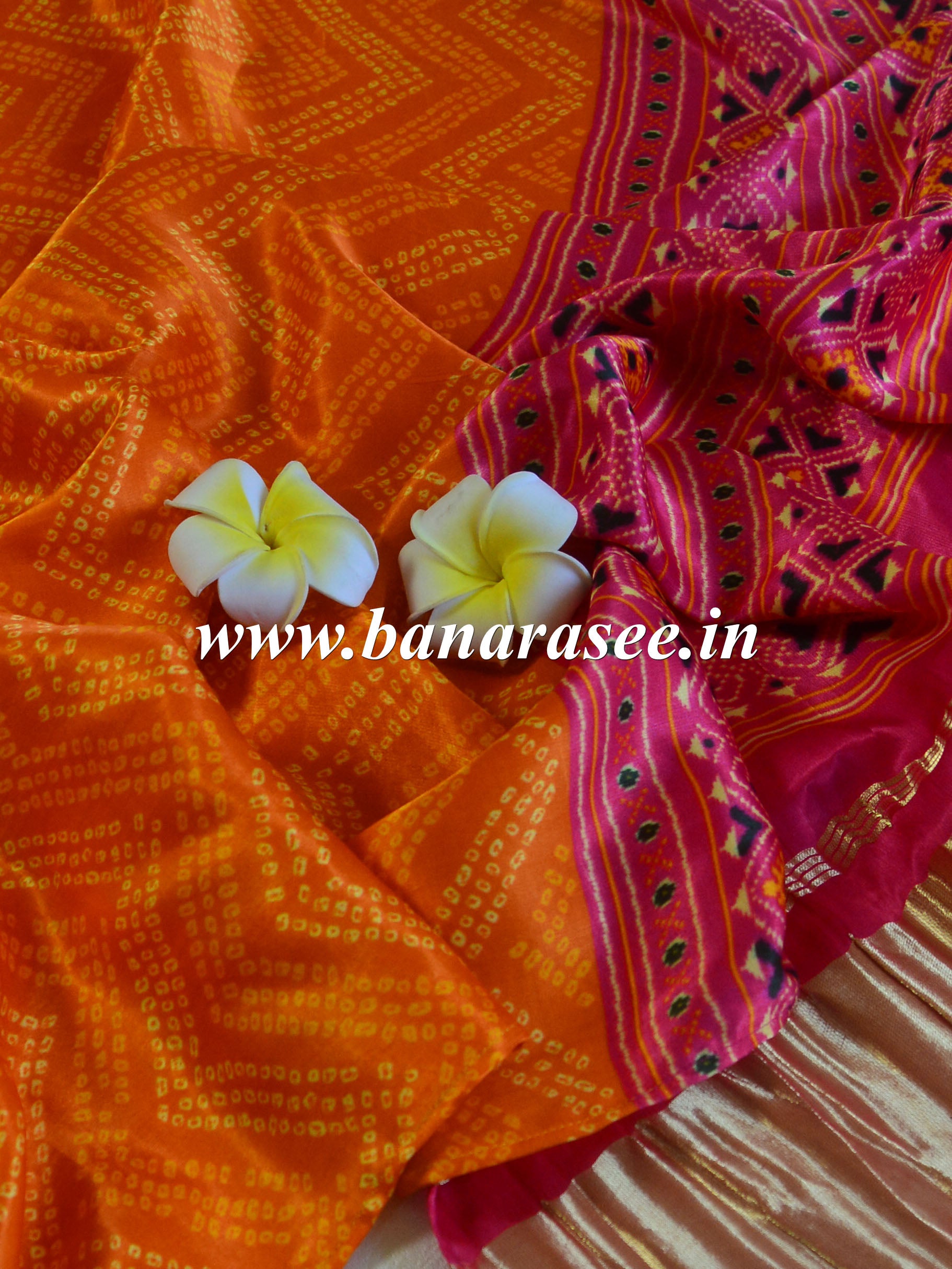 Banarasee Pure Gajji Silk Bandhej Design Dupatta-Orange