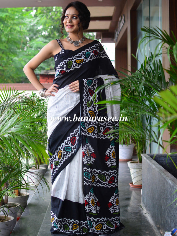 Handloom Mul Cotton Ajrakh Print Saree-Black & White