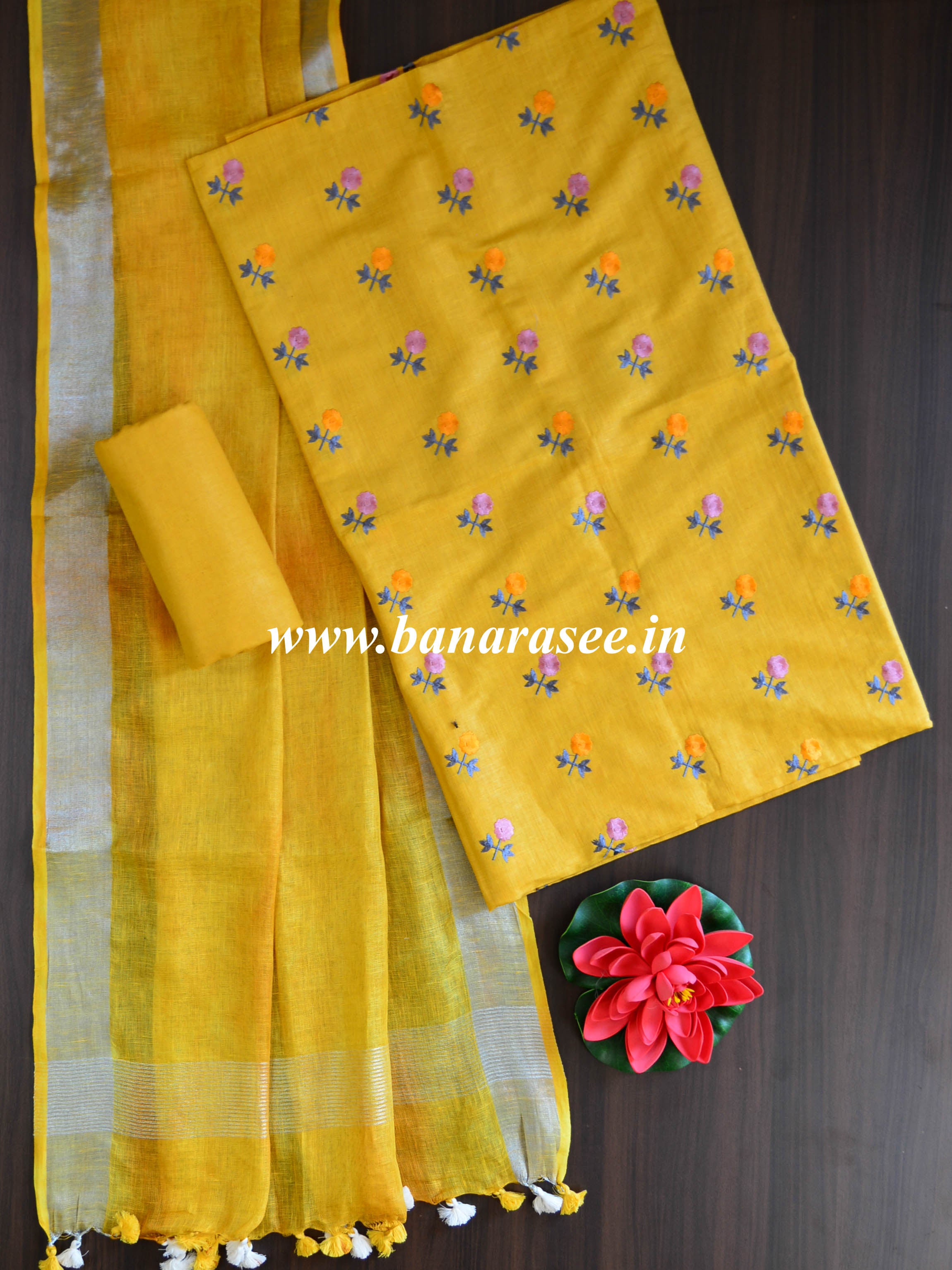 Handwoven Linen Salwar kameez Set With Hand-Embroidered Work-Yellow