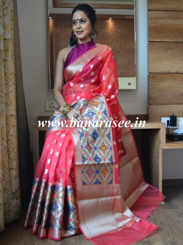 Banarasee Organza Mix Saree With Buti Design & Broad Meenakari Border-Pink