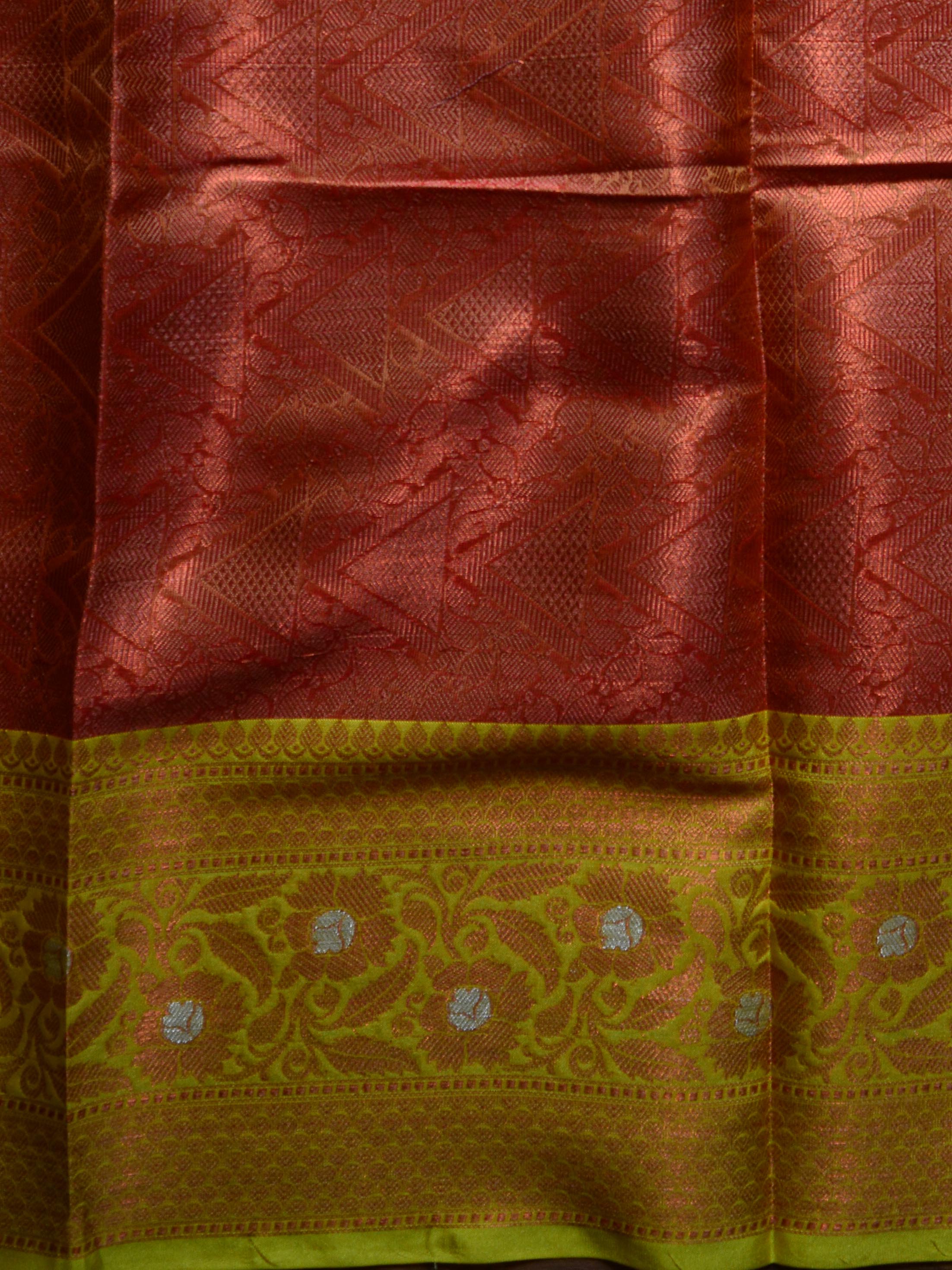 Banarasee Organza Mix Saree With Zari Jaal Design & Floral Border-Red & Yellow