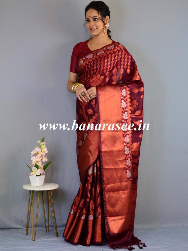 Banarasee Handwoven Semi-Chiffon Saree With Silver & Copper Zari-Maroon