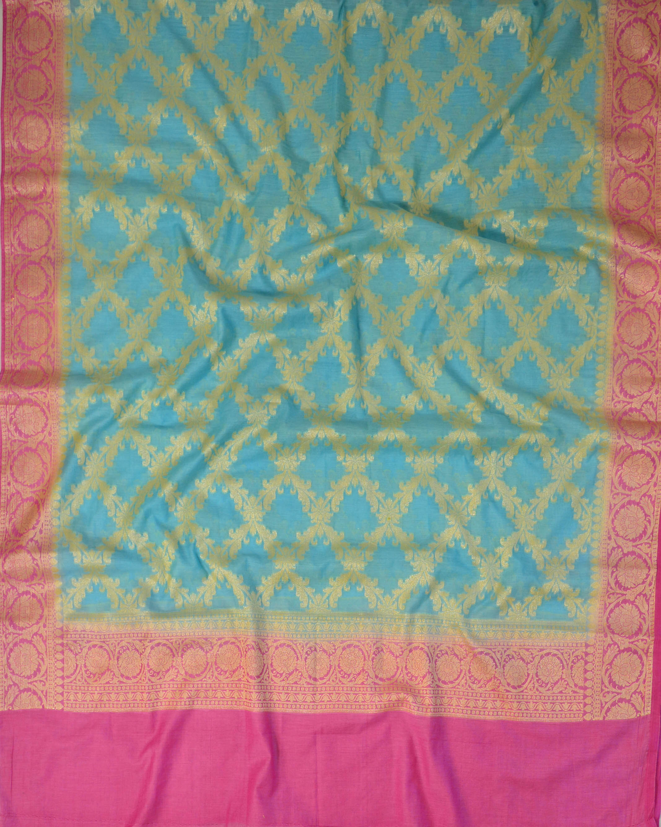 Banarasee Cotton Silk Zari Woven Salwar Kameez Dupatta Set-Sky Blue With Pink