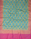 Banarasee Cotton Silk Zari Woven Salwar Kameez Dupatta Set-Sky Blue With Pink