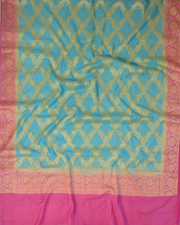 Banarasee Cotton Silk Zari Woven Salwar Kameez Dupatta Set-Sky Blue With Pink