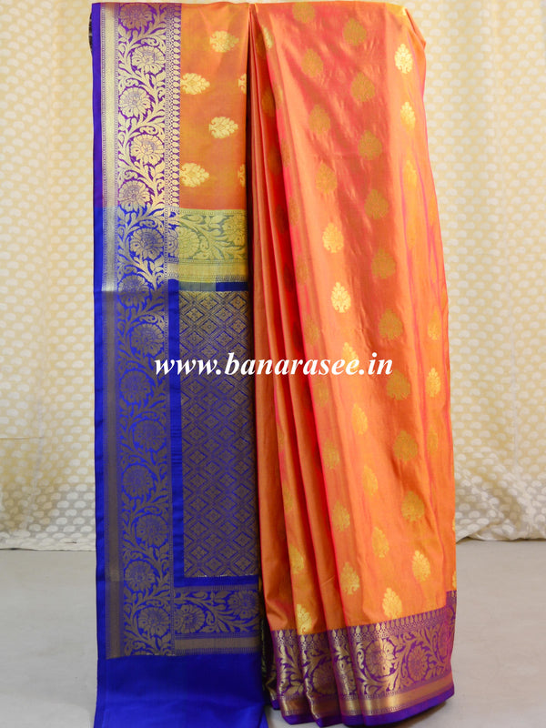 Banarasee Handwoven Semi Silk Saree With Zari Buta Design & Floral Border-Peach