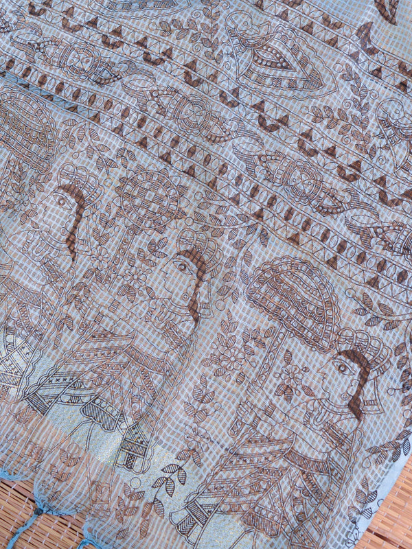 Handloom Block Printed Khadi Cotton Salwar Kameez With Kota Dupatta Set-Blue