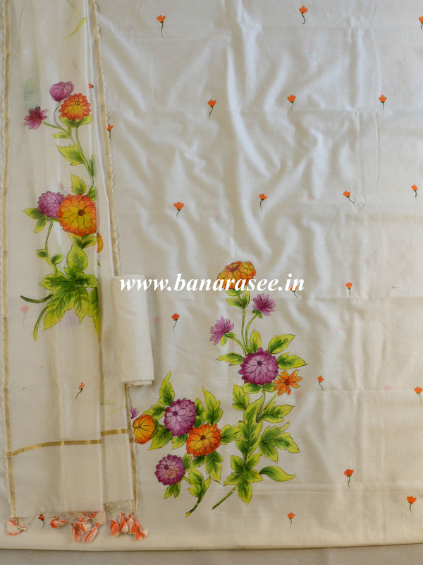 Banarasee Pure Chanderi Silk Hand-painted Salwar Kameez Set-White
