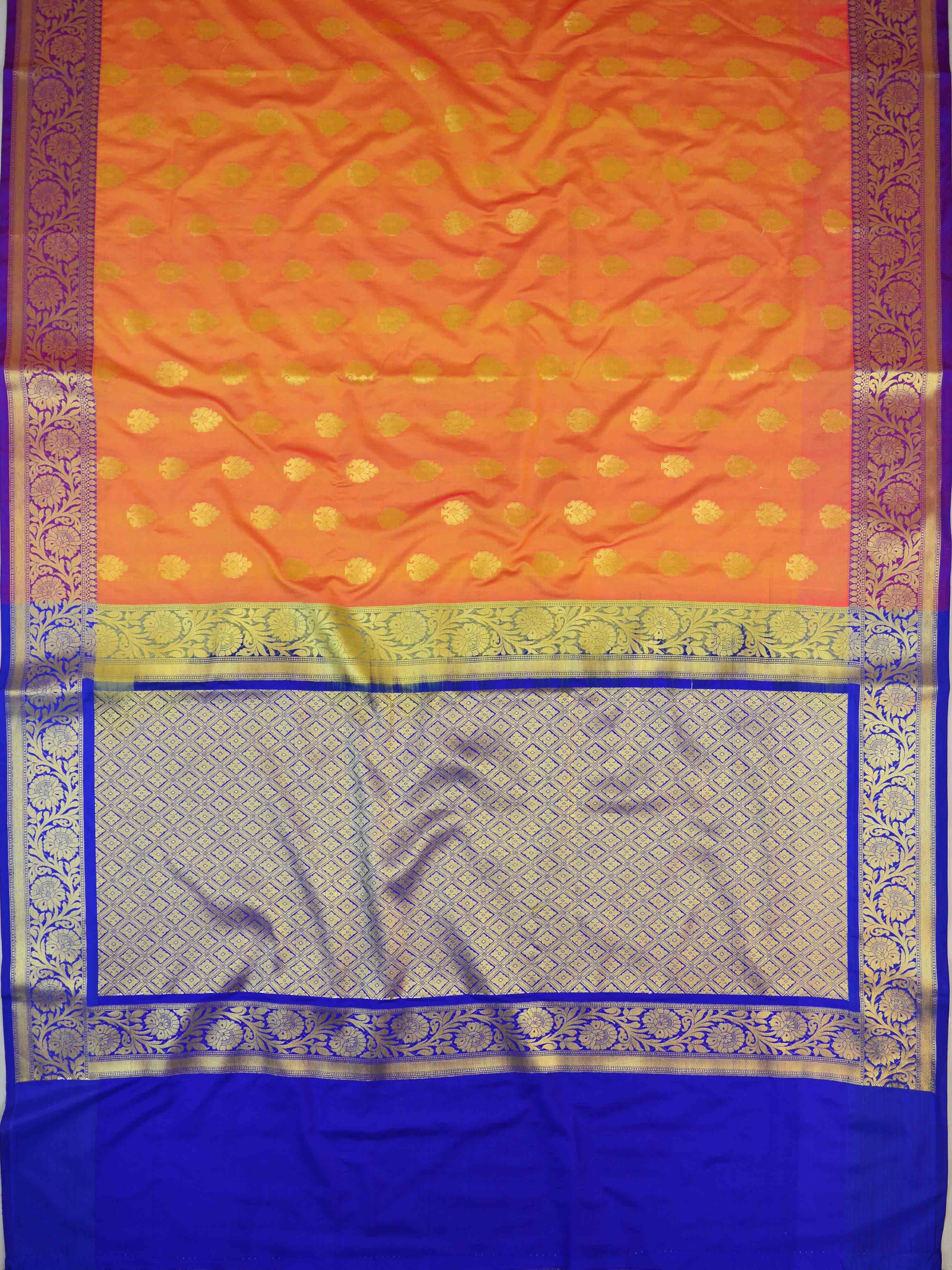 Banarasee Handwoven Semi Silk Saree With Zari Buta Design & Floral Border-Peach
