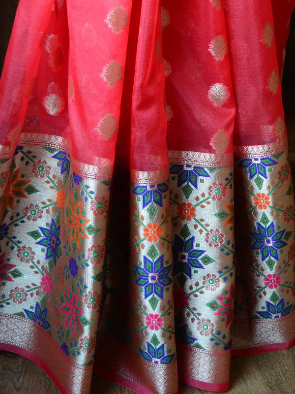 Banarasee Organza Mix Saree With Buti Design & Broad Meenakari Border-Pink