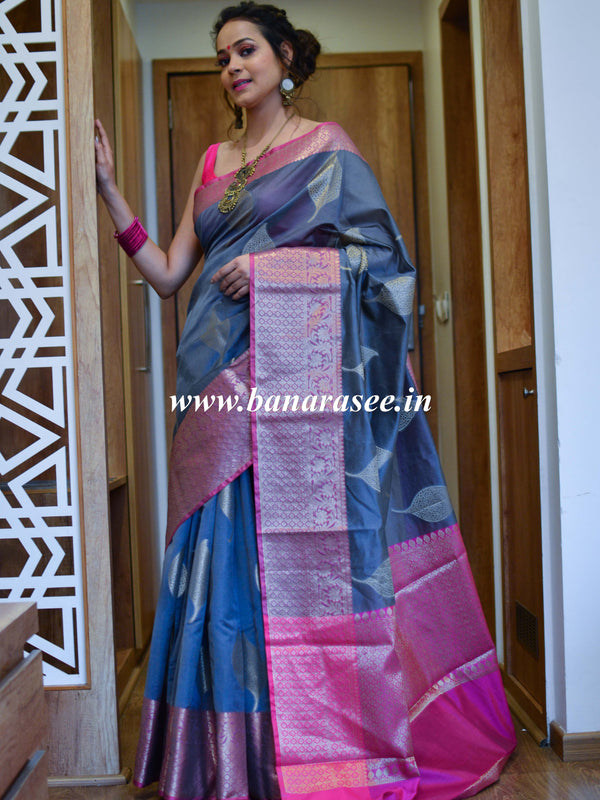 Banarasee Cotton Silk  Saree With Antique Zari Leaf Buta & Border-Grey