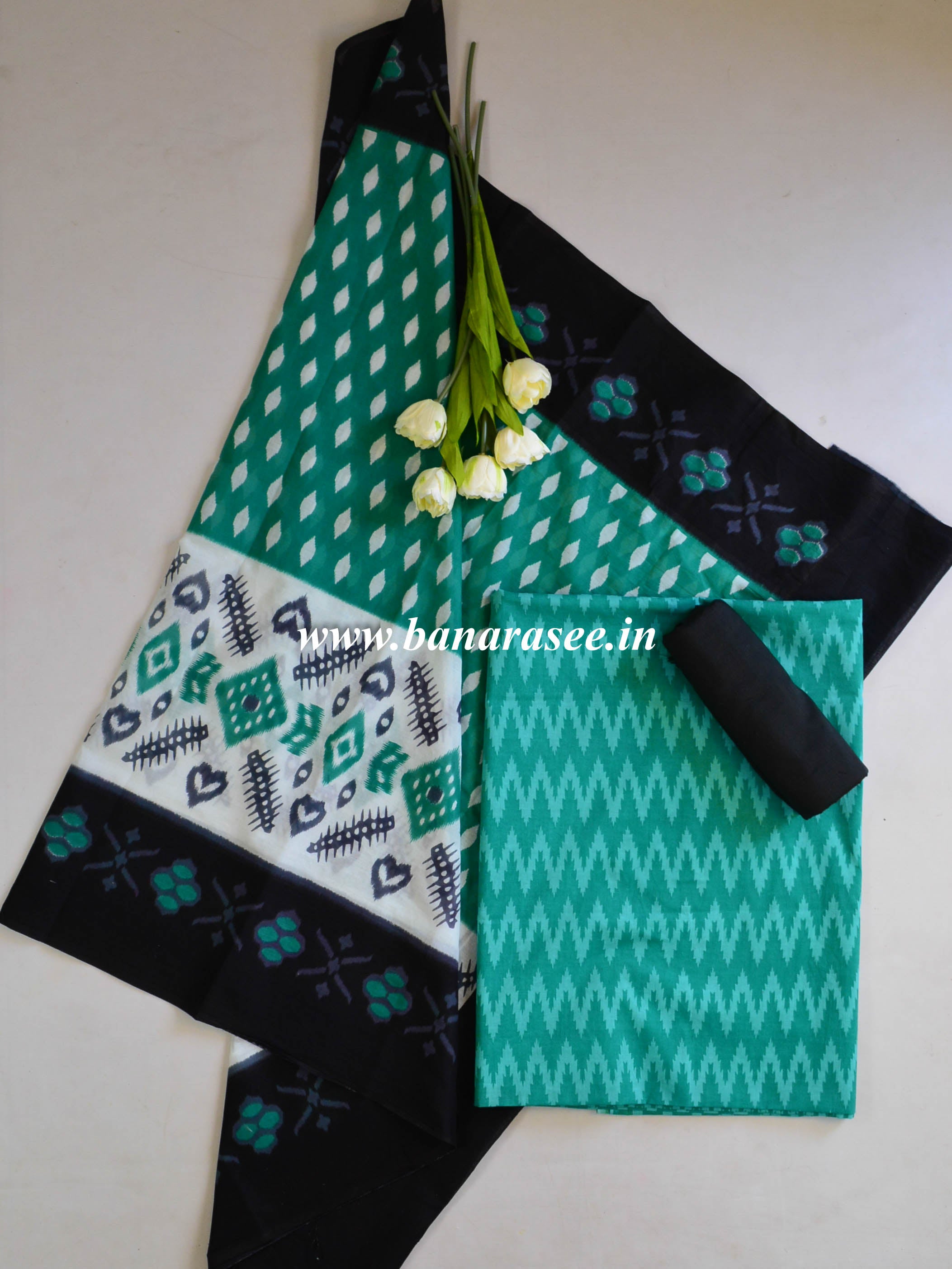 Pure Handloom Mul Cotton Ikkat Print Suit Set-Green & Black