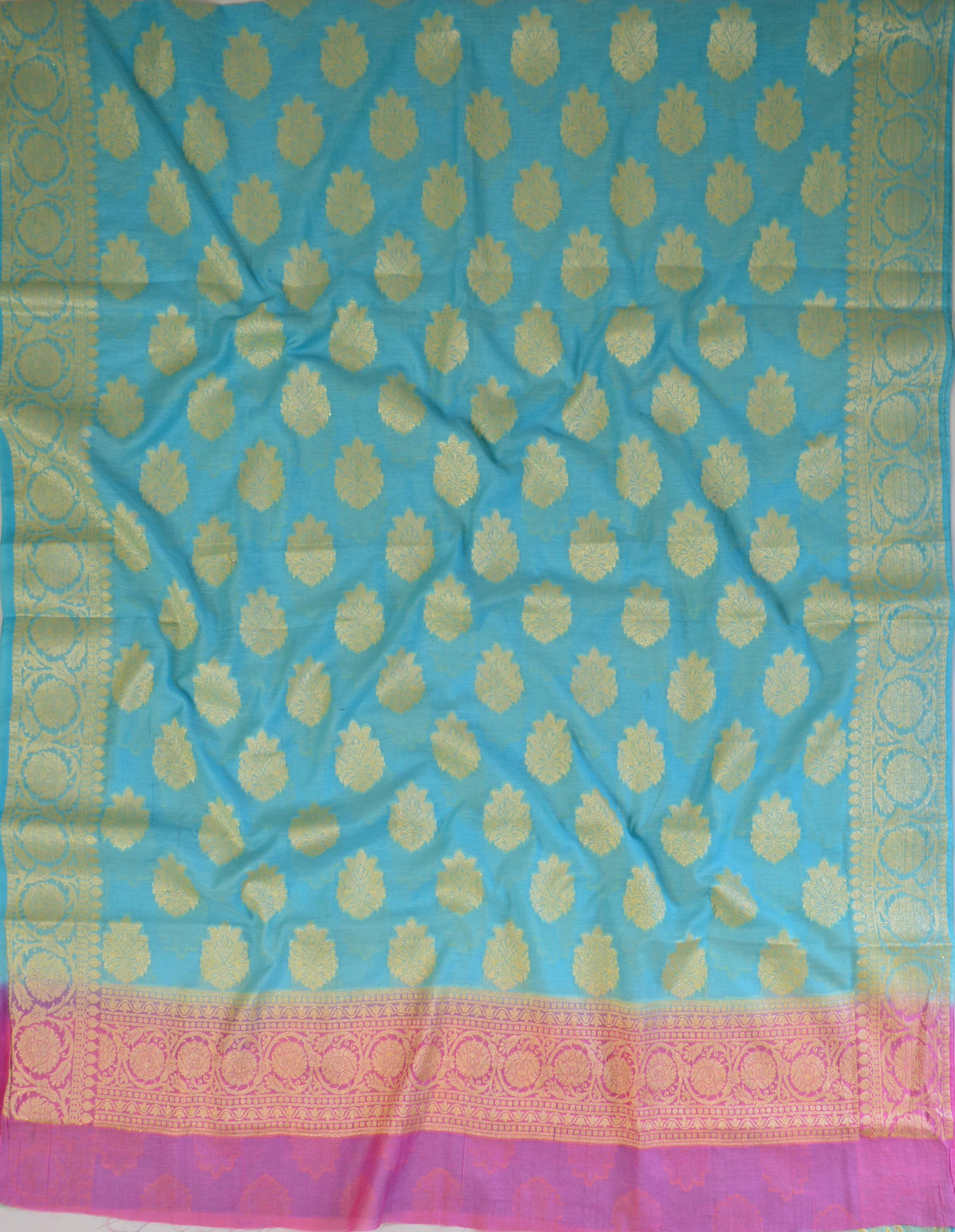 Banarasee Cotton Silk Zari Woven Salwar Kameez Dupatta Set-Sky Blue With Pink