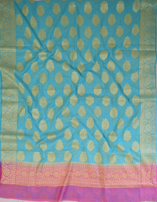 Banarasee Cotton Silk Zari Woven Salwar Kameez Dupatta Set-Sky Blue With Pink