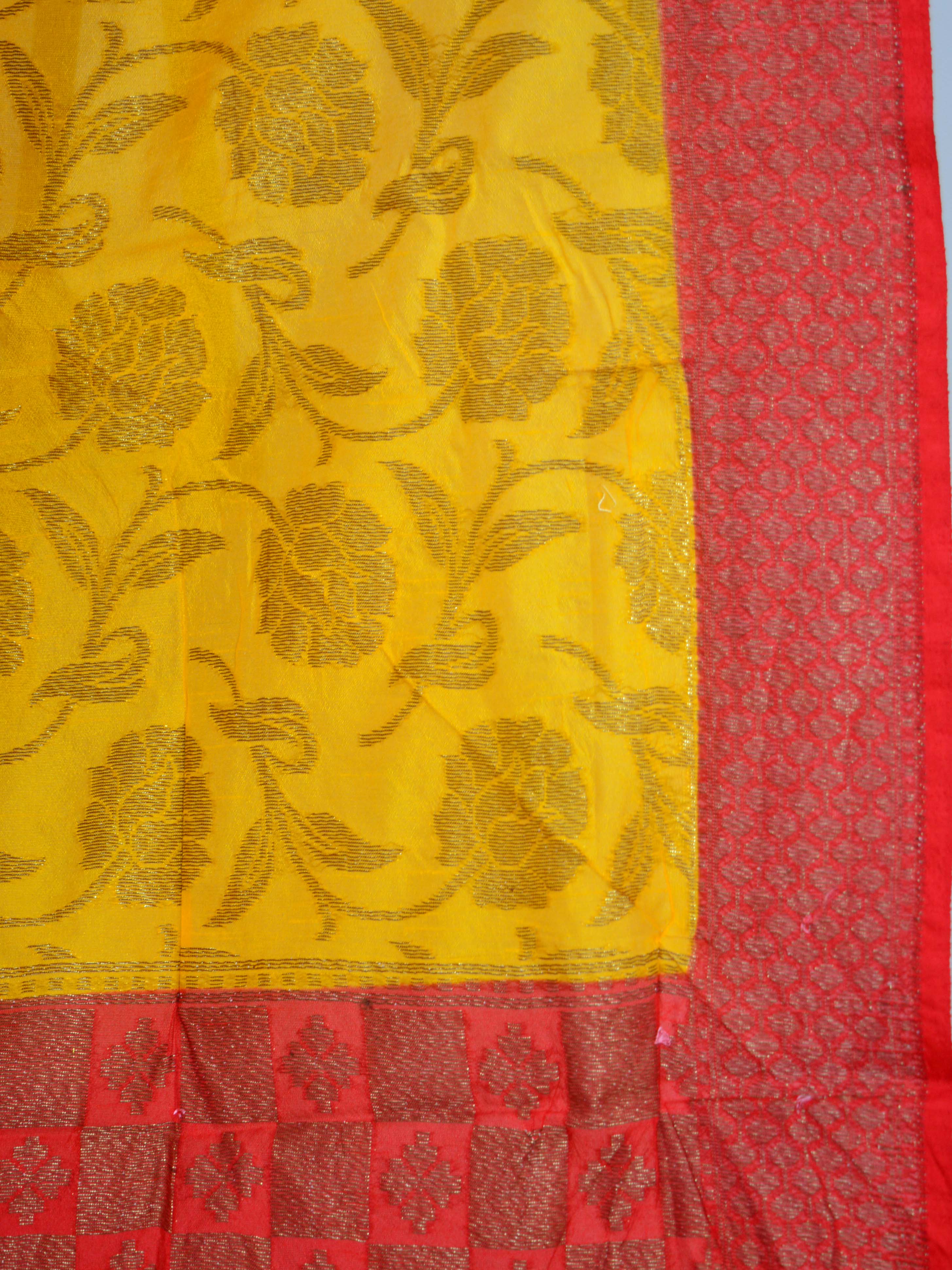 Banarasee Handwoven Semi Silk Saree With Red Contrast Border-Yellow